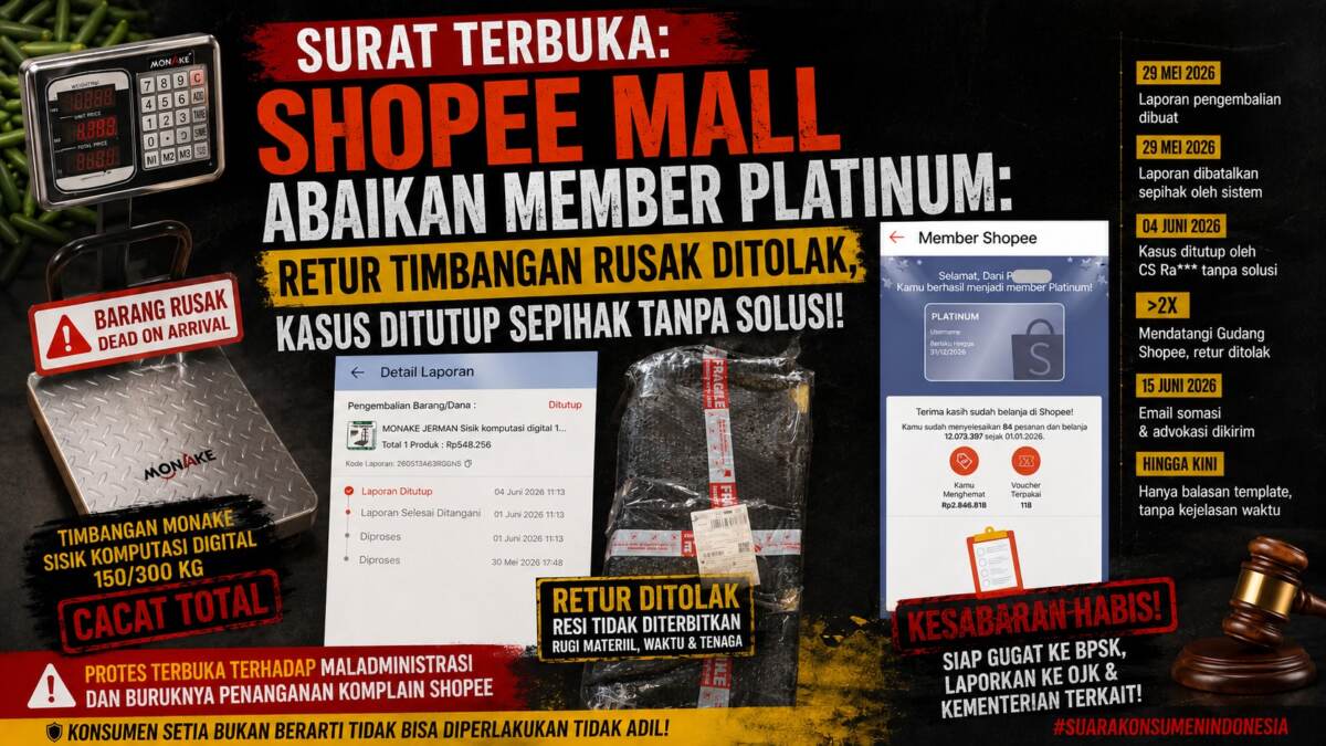 Surat Terbuka: Shopee Mall Abaikan Member Platinum: Retur Timbangan Rusak Ditolak, Kasus Ditutup Sepihak Tanpa Solusi!