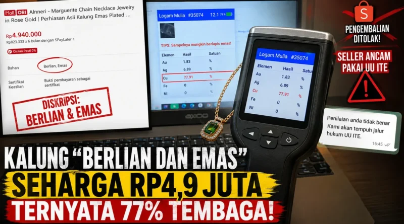 Kalung “Berlian dan Emas” Seharga Rp4,9 Juta di Shopee Mall Ternyata 77% Tembaga; Pengembalian Ditolak, Penjual Malah Ancam Pakai UU ITE